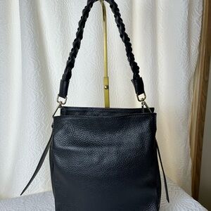 Black Leather Shoulder Bag with Braided Strap